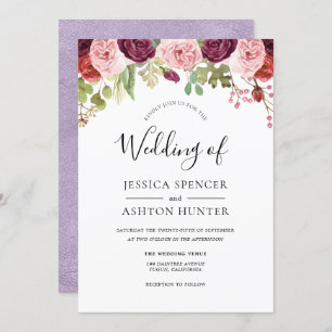 Invitation Mariage floral rose bordeaux et violet