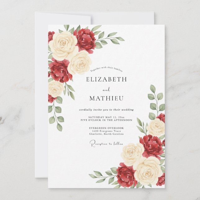 Invitation Mariage Floral Rose Bourgogne (Devant)