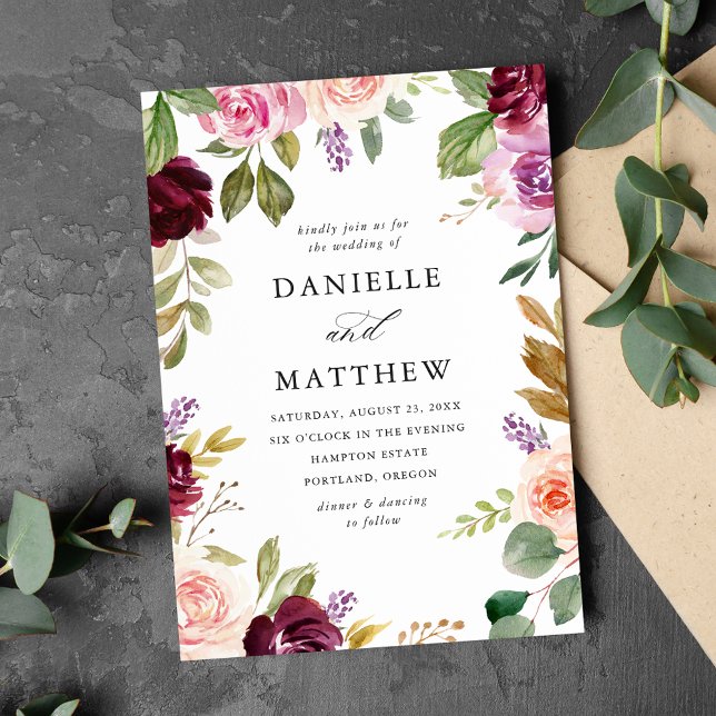 Invitation Mariage Floral Rose Bourguignon et Violet Rustique (Créateur téléchargé)