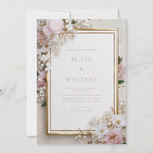 Invitation Mariage Floral Rose Cerisier Teinté Or (Devant)