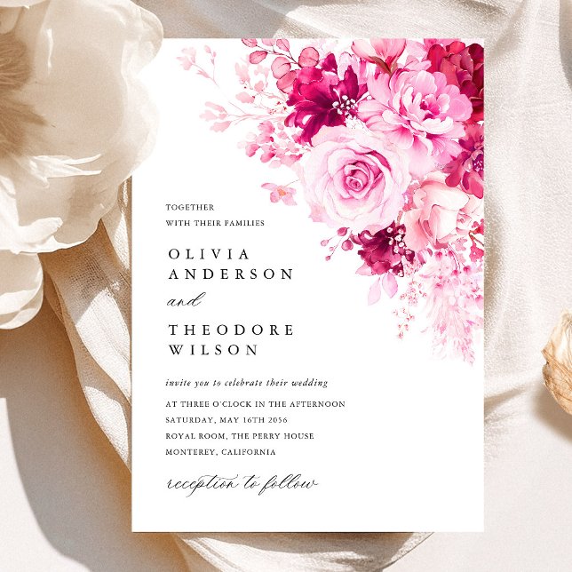 Invitation Mariage Floral Rose Chaud (Hot Pink Floral Wedding Invitation, Fuchsia Rose Watercolor Wedding Invite, Romantic Garden Wedding)