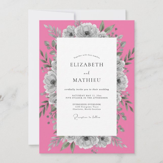 Invitation Mariage Floral Rose Chaude et Gris Atténué (Devant)