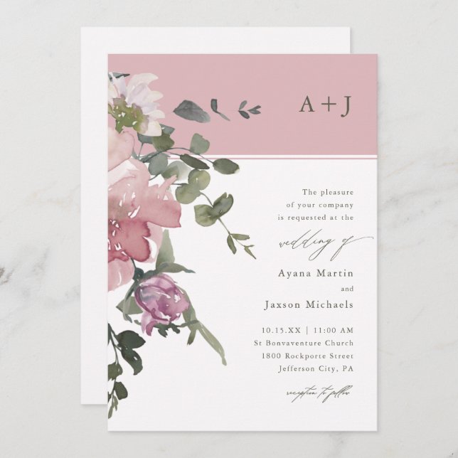 Invitation Mariage floral rose chic (Devant / Derrière)