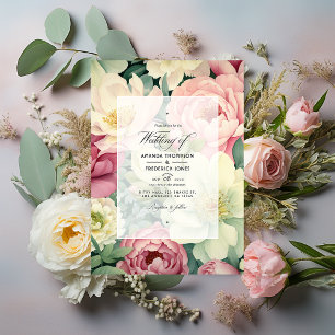 Invitation Mariage Floral Rose Clair, Ivoire et Vert Sauge