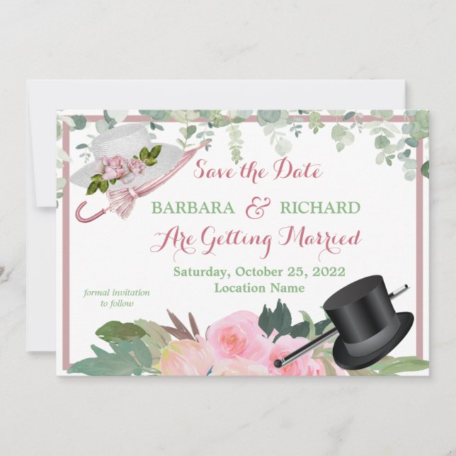 Invitation MARIAGE floral rose CLASSIQUE Date de sauvegarde (Devant)