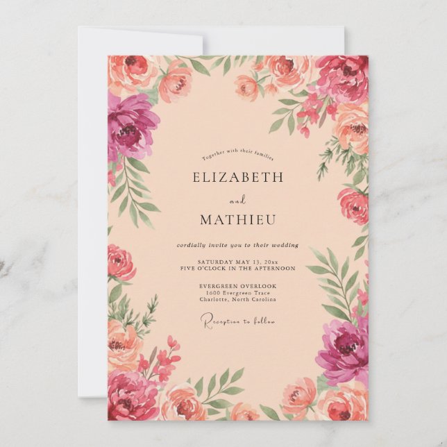 Invitation Mariage Floral Rose Corail (Devant)