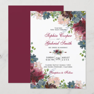Invitation Mariage floral rose de la marine botanique moderne