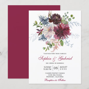 Invitation Mariage floral rose de la marine botanique moderne