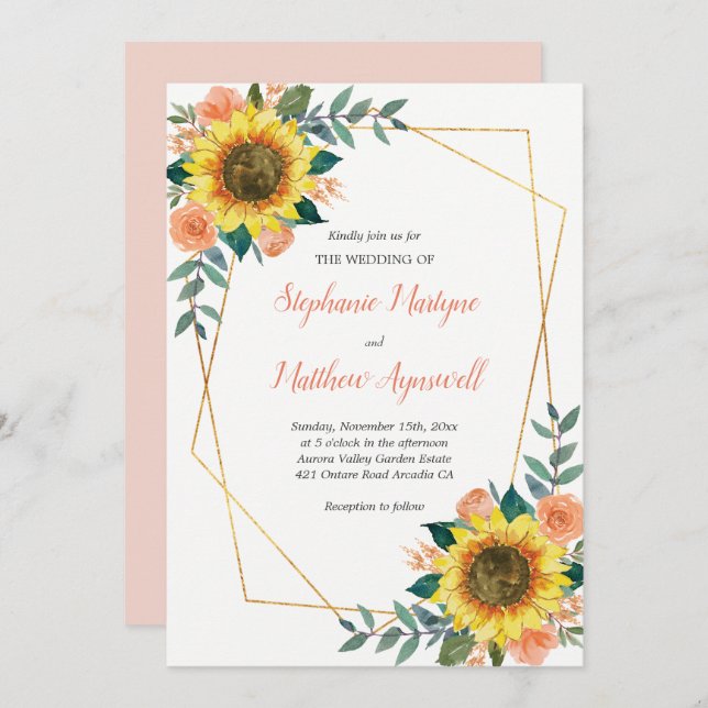 Invitation Mariage floral Rose de la pêche géométrique au tou (Devant / Derrière)