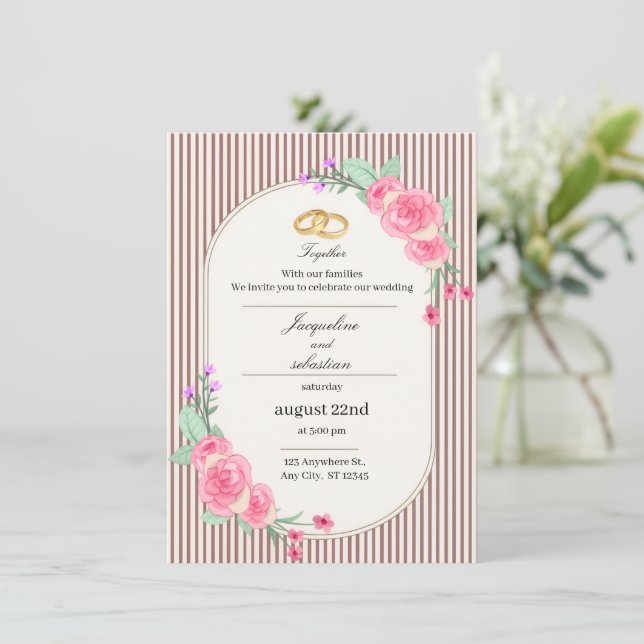 Invitation Mariage Floral Rose Élégant (Debout devant)