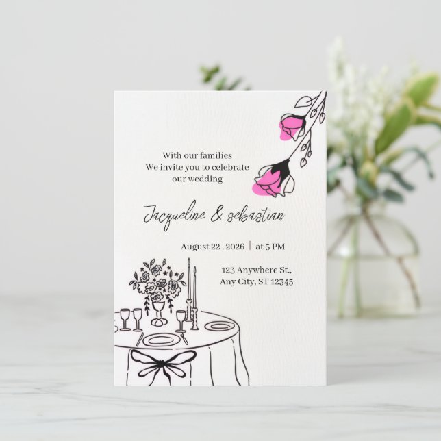 Invitation Mariage Floral Rose Élégant (Debout devant)