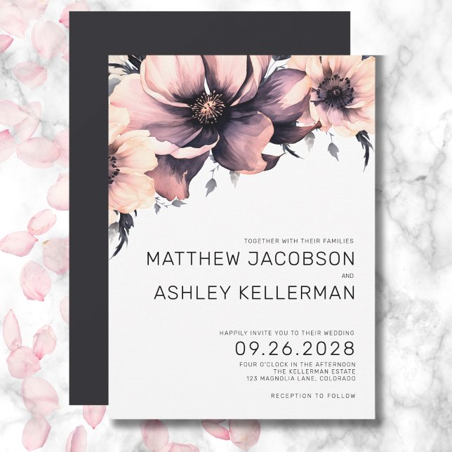 Invitation Mariage Floral Rose Élégant Chic Aquarelle (Chic Elegant Pink Black White Floral Wedding Invitation)