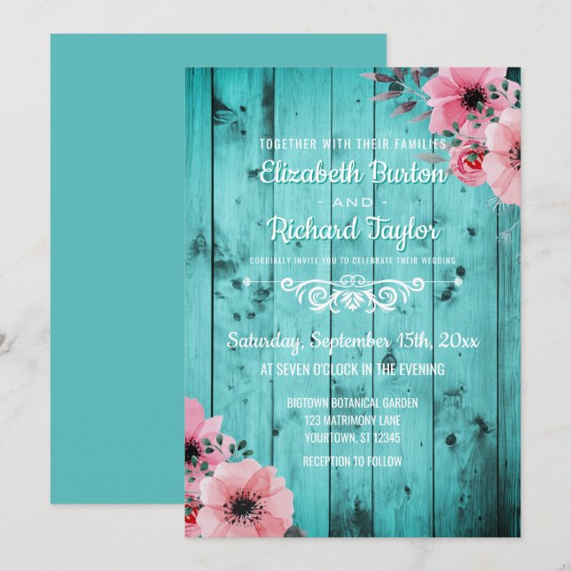 Invitation Mariage floral rose en bois turquoise de Boho de (Devant / Derrière)