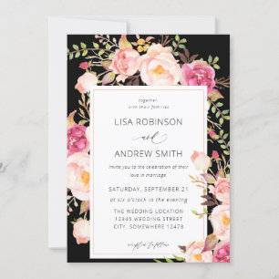 Invitation Mariage floral rose en fleurs V3 noir