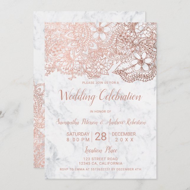 Invitation mariage floral Rose en marbre blanc (Devant / Derrière)