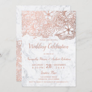 Invitation mariage floral Rose en marbre blanc