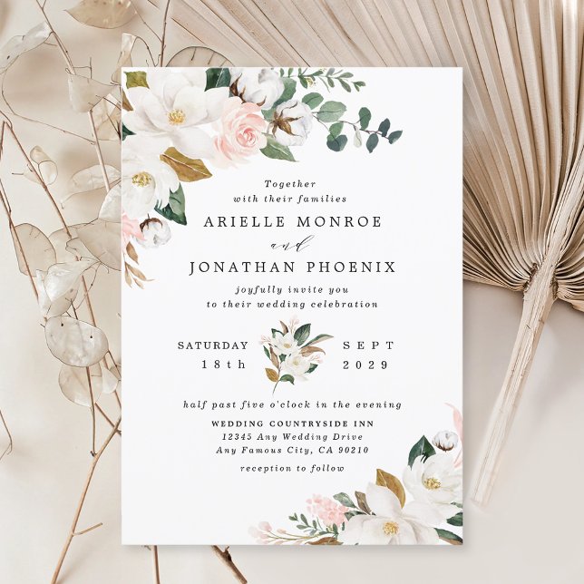 Invitation Mariage floral rose et blanc Magnolia (Créateur téléchargé)