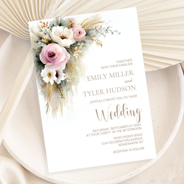 Invitation Mariage Floral Rose et Blanc Rustique (Créateur téléchargé)
