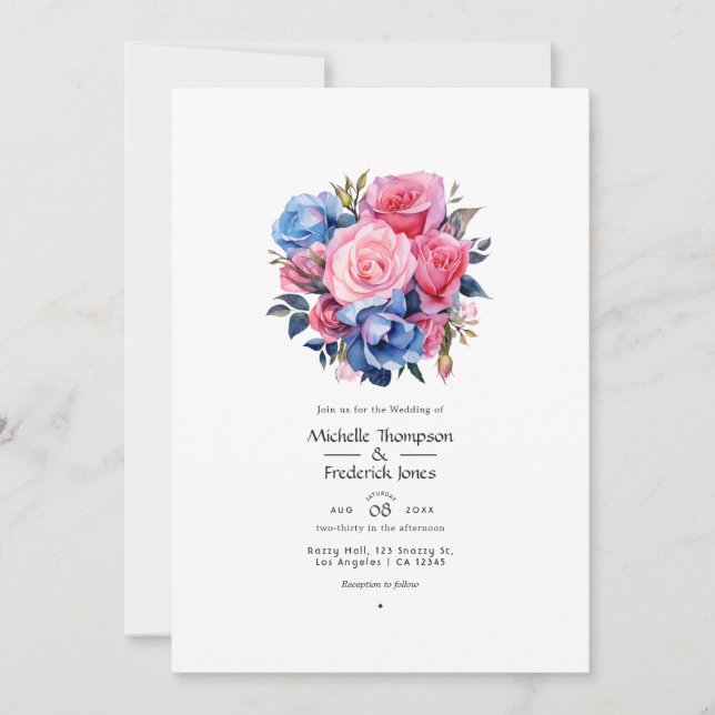 Invitation Mariage floral rose et bleu (Devant)