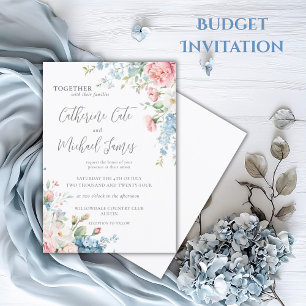 Invitation Mariage floral rose et bleu Budget