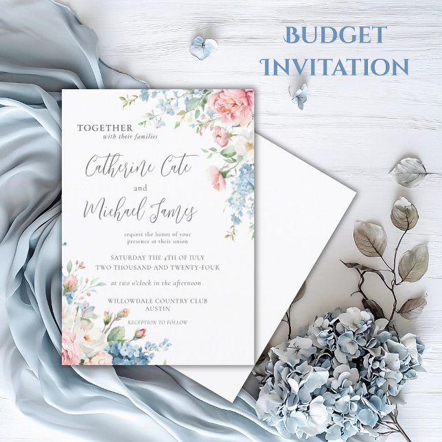 Invitation Mariage floral rose et bleu Budget (Créateur téléchargé)