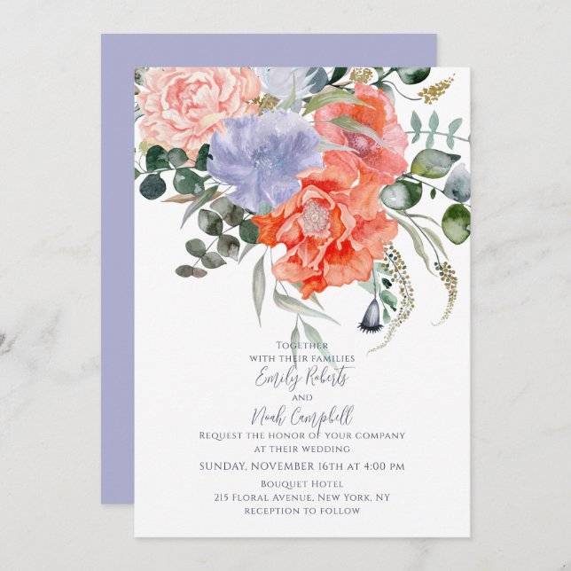 Invitation Mariage floral rose et bleu clair (Devant / Derrière)