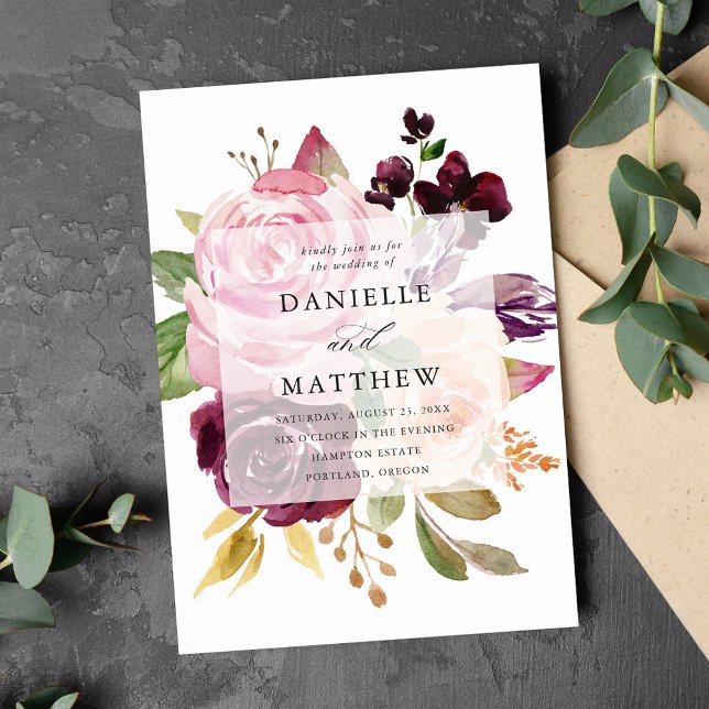 Invitation Mariage Floral Rose et Bourgogne Rustique (Créateur téléchargé)