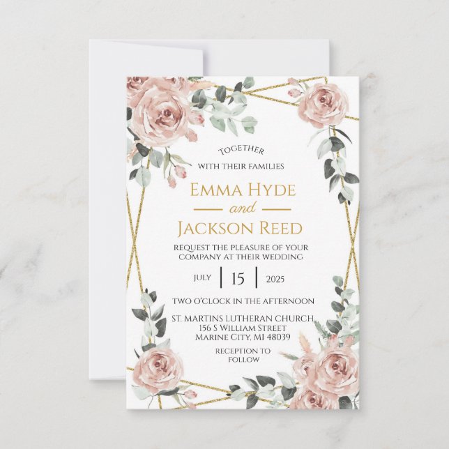 Invitation Mariage floral Rose et cadre doré (Devant)