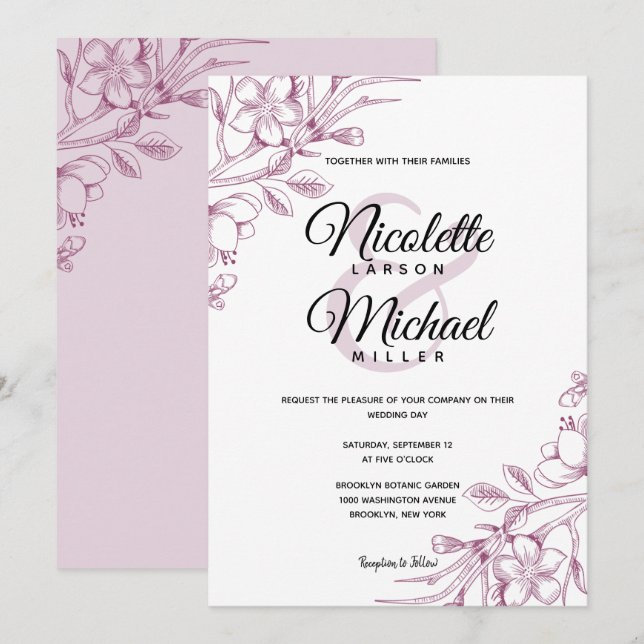 Invitation Mariage floral rose et cassis (Devant / Derrière)