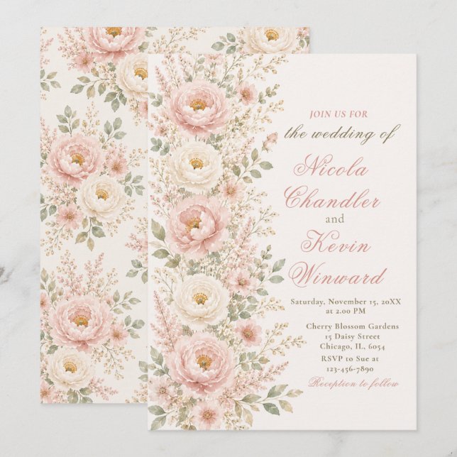 Invitation Mariage Floral Rose et Champagne (Devant / Derrière)