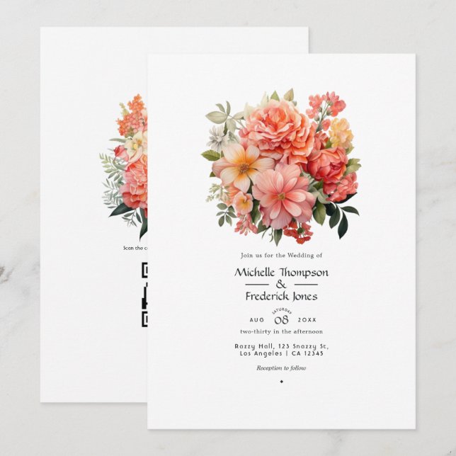Invitation Mariage Floral Rose et Corail (Devant / Derrière)