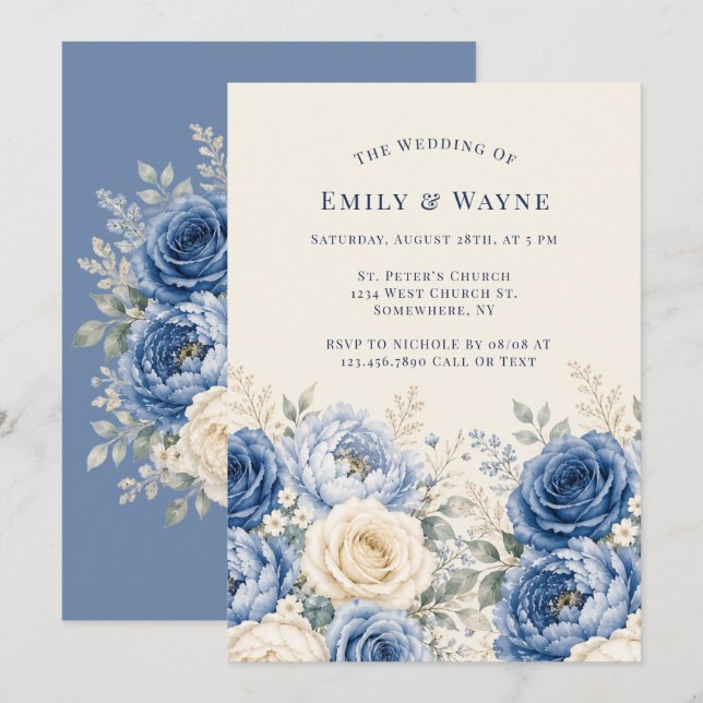 Invitation Mariage floral rose et crème bleu  (Devant / Derrière)