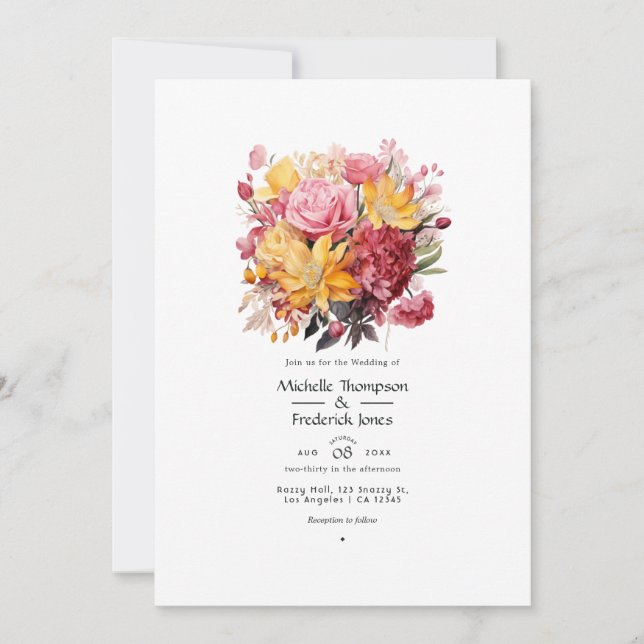 Invitation Mariage Floral Rose et Jaune (Devant)