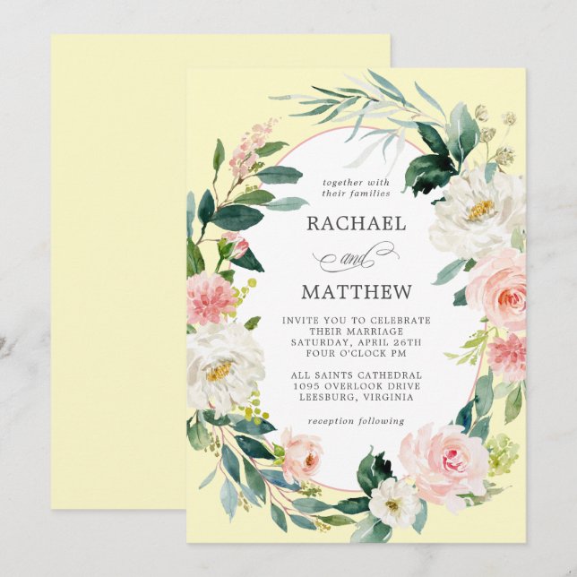 Invitation Mariage floral rose et jaune pâle (Devant / Derrière)