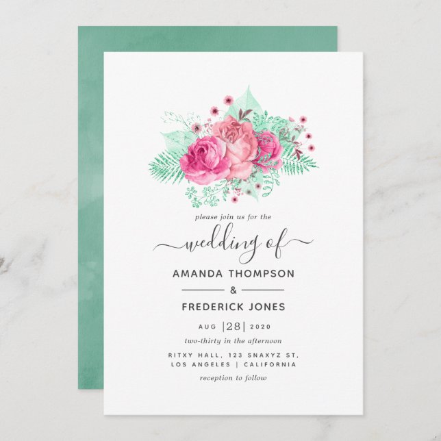 Invitation Mariage floral rose et menthe (Devant / Derrière)