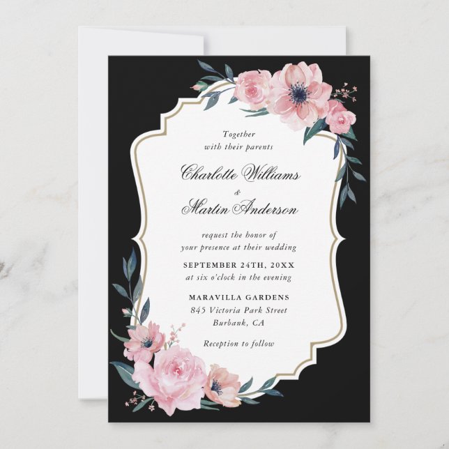 Invitation Mariage floral rose et noir (Devant)