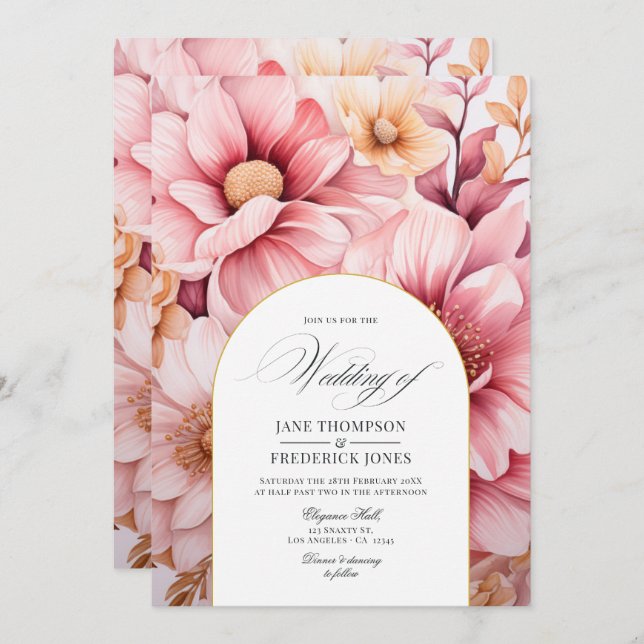 Invitation Mariage floral rose et or (Devant / Derrière)
