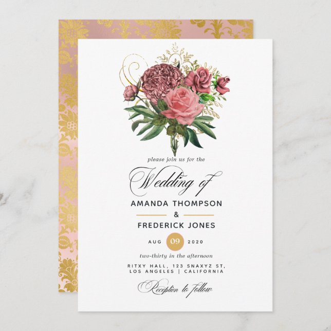 Invitation Mariage floral rose et or (Devant / Derrière)