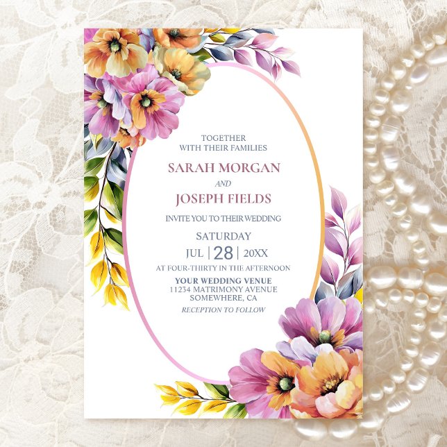 Invitation Mariage Floral Rose et Orange Élégant  (Créateur téléchargé)