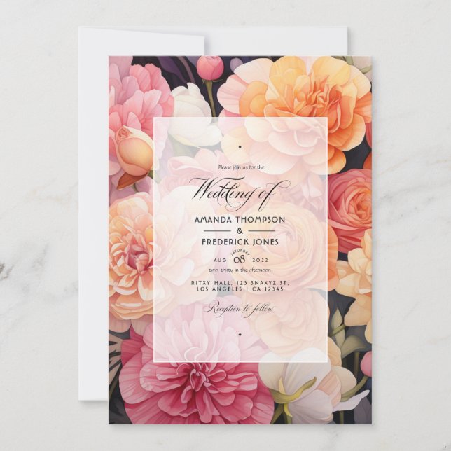 Invitation Mariage Floral Rose et Pêche (Devant)