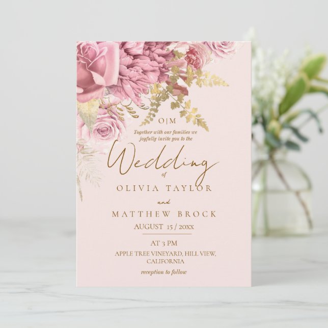 Invitation Mariage Floral Rose et Rouge Moderne (Debout devant)