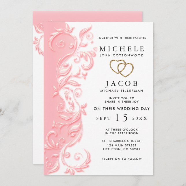 Invitation Mariage floral rose et RSVP (Devant / Derrière)