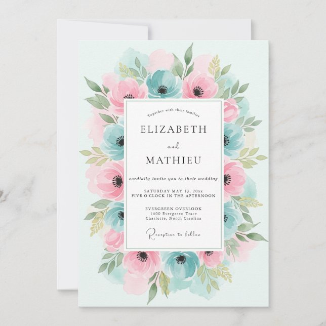 Invitation Mariage Floral Rose et Sarcelle (Devant)