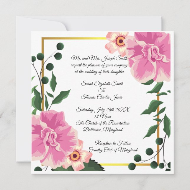 Invitation Mariage floral rose et vert avec libellé formel (Devant)