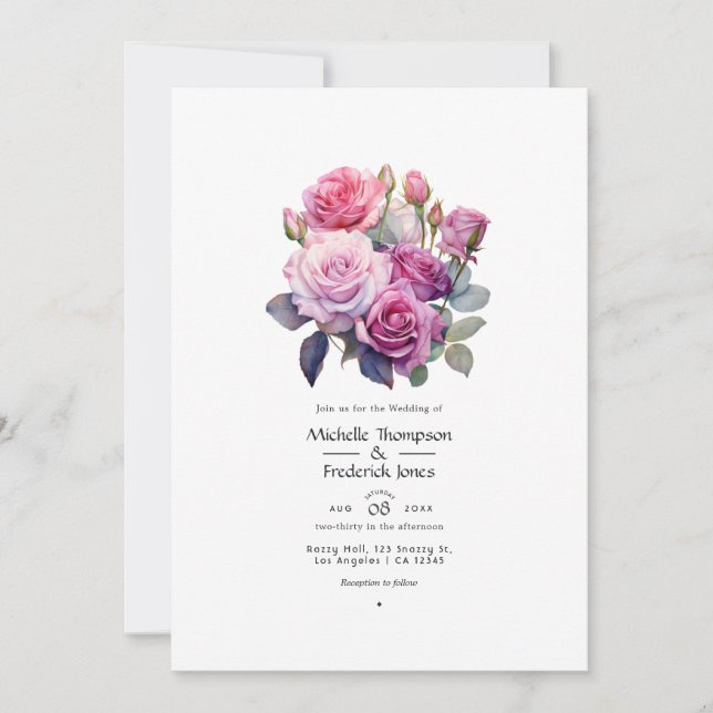 Invitation Mariage floral rose et violet (Devant)