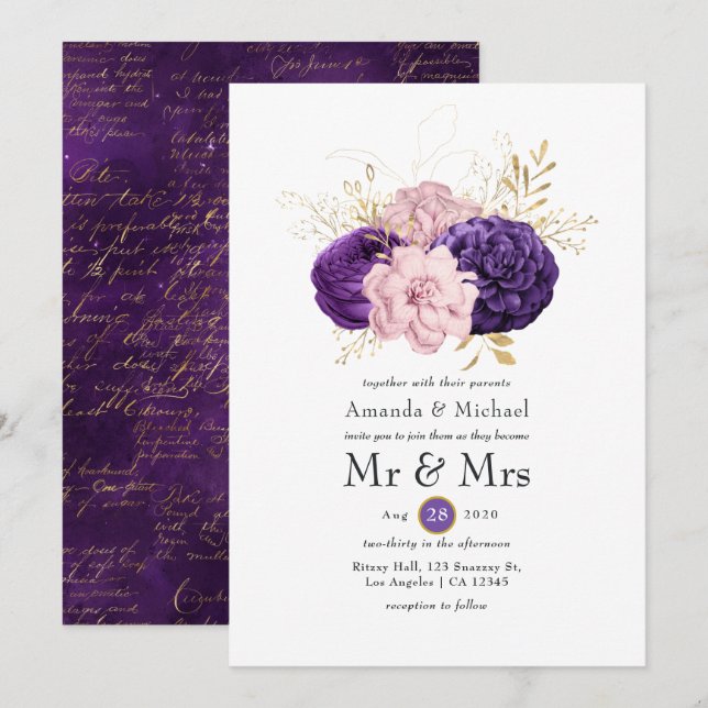 Invitation Mariage floral rose et violet (Devant / Derrière)