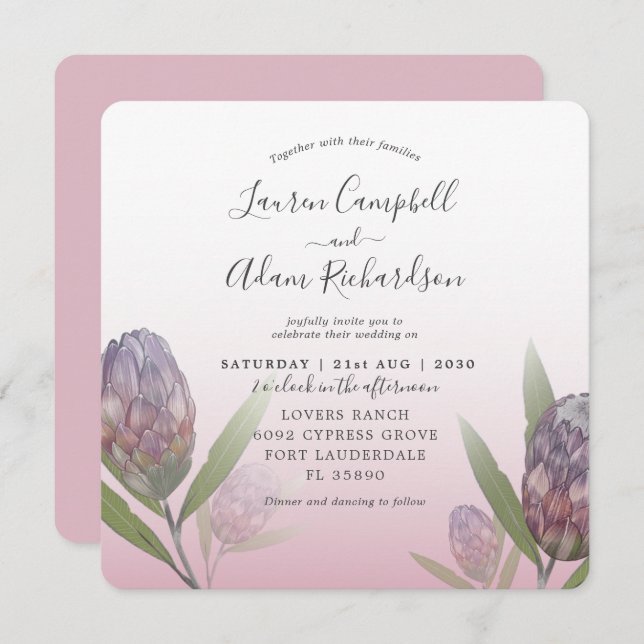 Invitation Mariage floral rose et violet tropical (Devant / Derrière)