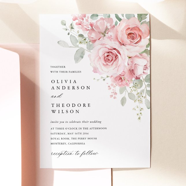 Invitation Mariage Floral Rose Fardé (Blush Rose Floral Wedding Invitation, Watercolor Blush Pink Rose Wedding Invite)