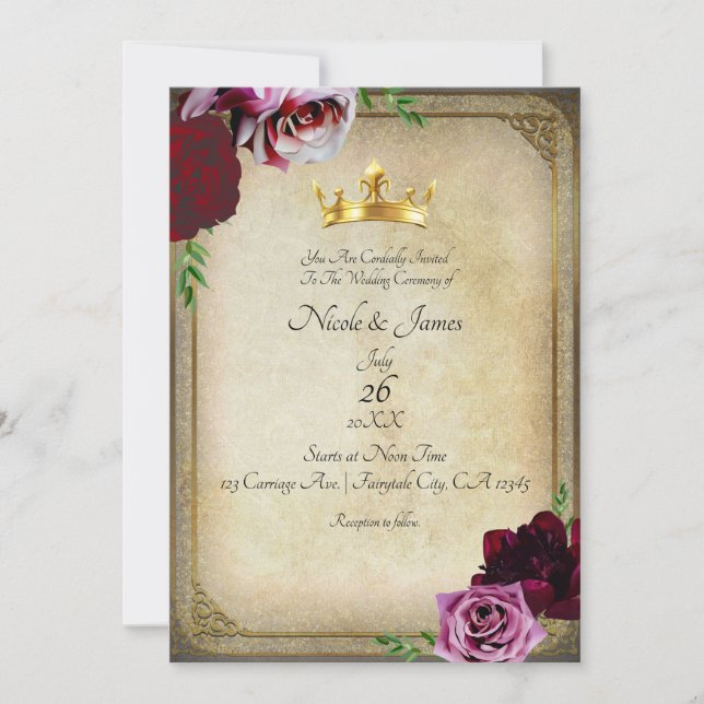 Invitation Mariage Floral Rose Foncé Couronne Royale Dorée Vi (Devant)