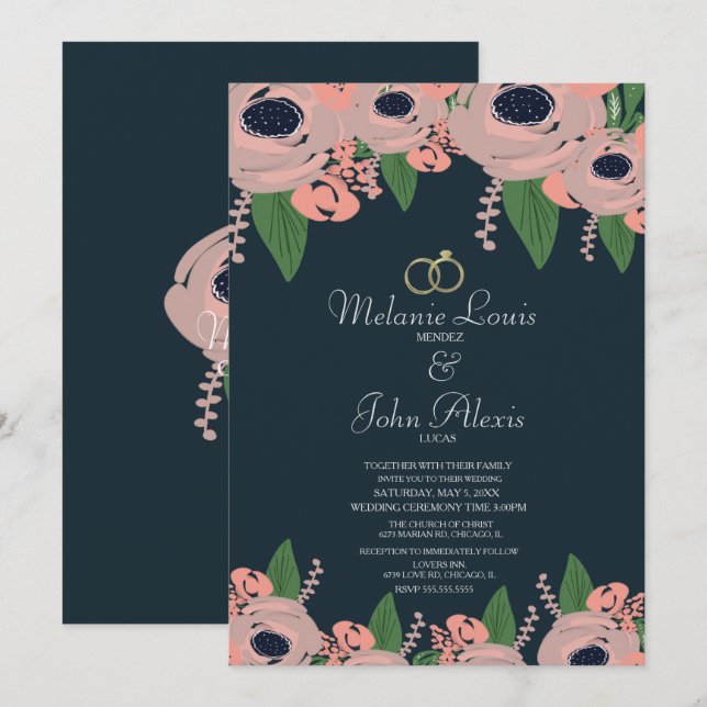 Invitation Mariage floral rose fuchsia verdure Botanique (Devant / Derrière)